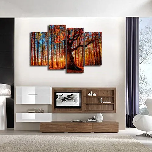 YEARAINN WALL ART CANVAS PAINTING RED TREE SUNSET FOREST - 4 PIECE LARGE SUNSHINE WOODS LANDSCAPE CONTEMPORARY PICTURES FRAMED READY TO HANG MODERN ARTWORK FOR KITCHEN BEDROOM LIVING ROOM DECORATION