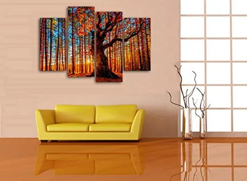 YEARAINN WALL ART CANVAS PAINTING RED TREE SUNSET FOREST - 4 PIECE LARGE SUNSHINE WOODS LANDSCAPE CONTEMPORARY PICTURES FRAMED READY TO HANG MODERN ARTWORK FOR KITCHEN BEDROOM LIVING ROOM DECORATION